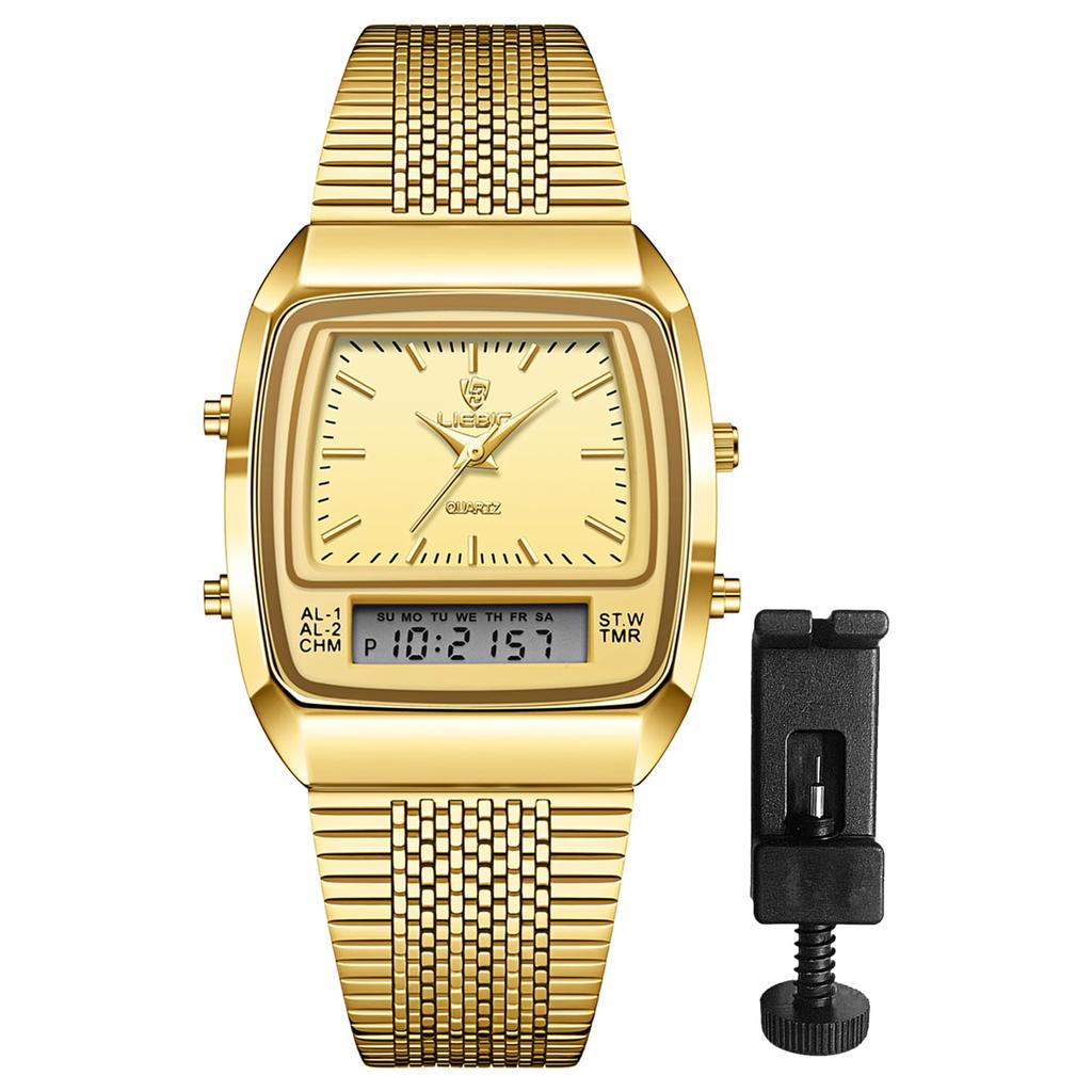 Oidea unisex waterproof and rainproof watch with a square dial, calendar function, bar indexes, quartz movement, gold case, and gold dial. Perfect as