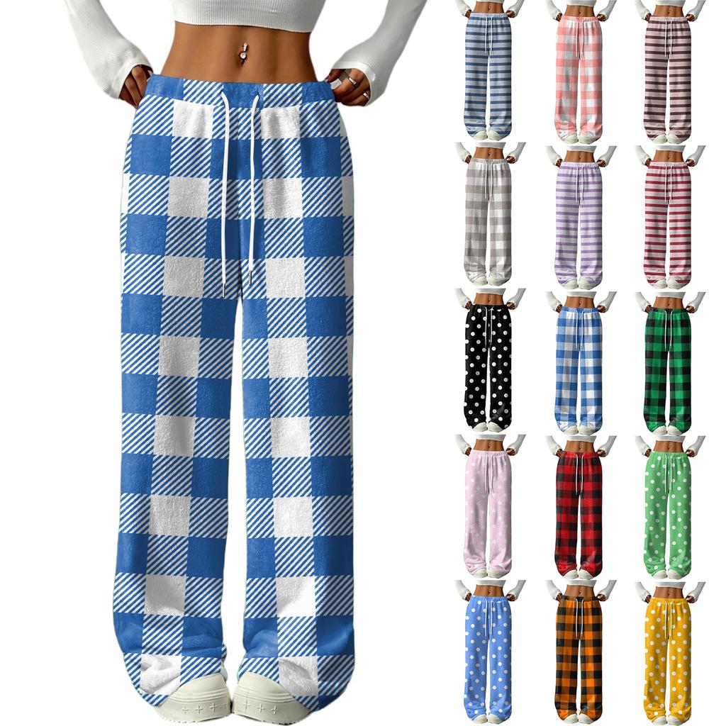 Women's Casual Fashion Printed Elastic Waist Loose Straight Leg Pants With Rope