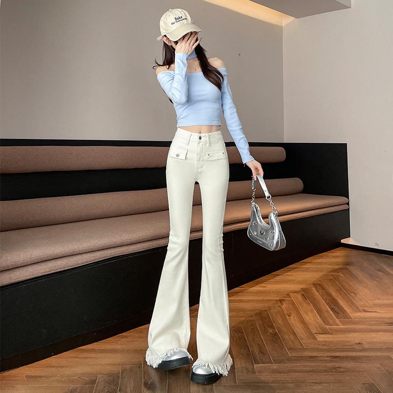 

Черные джинсы с кисточками для женщин Новые джинсы с высокой талией, облегающего кроя, брюки-клеш, брюки-подкова с меховой отделкой по низу XXL