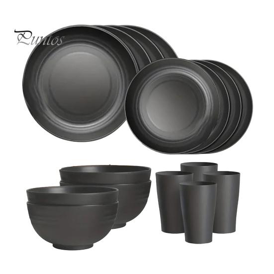 

Набор из 16 столовых приборов, складывающихся в стопку, небьющиеся тарелки, миски и чашки, столовая посуда без бисфенола А для семейных встреч и пикников чёрный