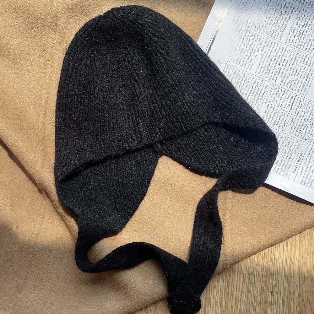 Solid Color Tie Strap Beanie Minimalist Korean Style Bonnet Knit Earflap Hat Daily Commute