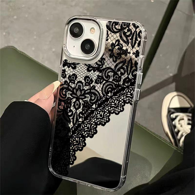 

Lace Design Mirror Phone Case for iPhone 11-17 Pro Max, Anti-Fall, Korean Style, XS-Compatible iPhone XR