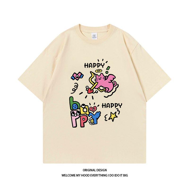 Pure Cotton Cartoon Angel Kitten Printed ShortSleeved TShirt Loose And Versatile Casual Couples Same Style Top