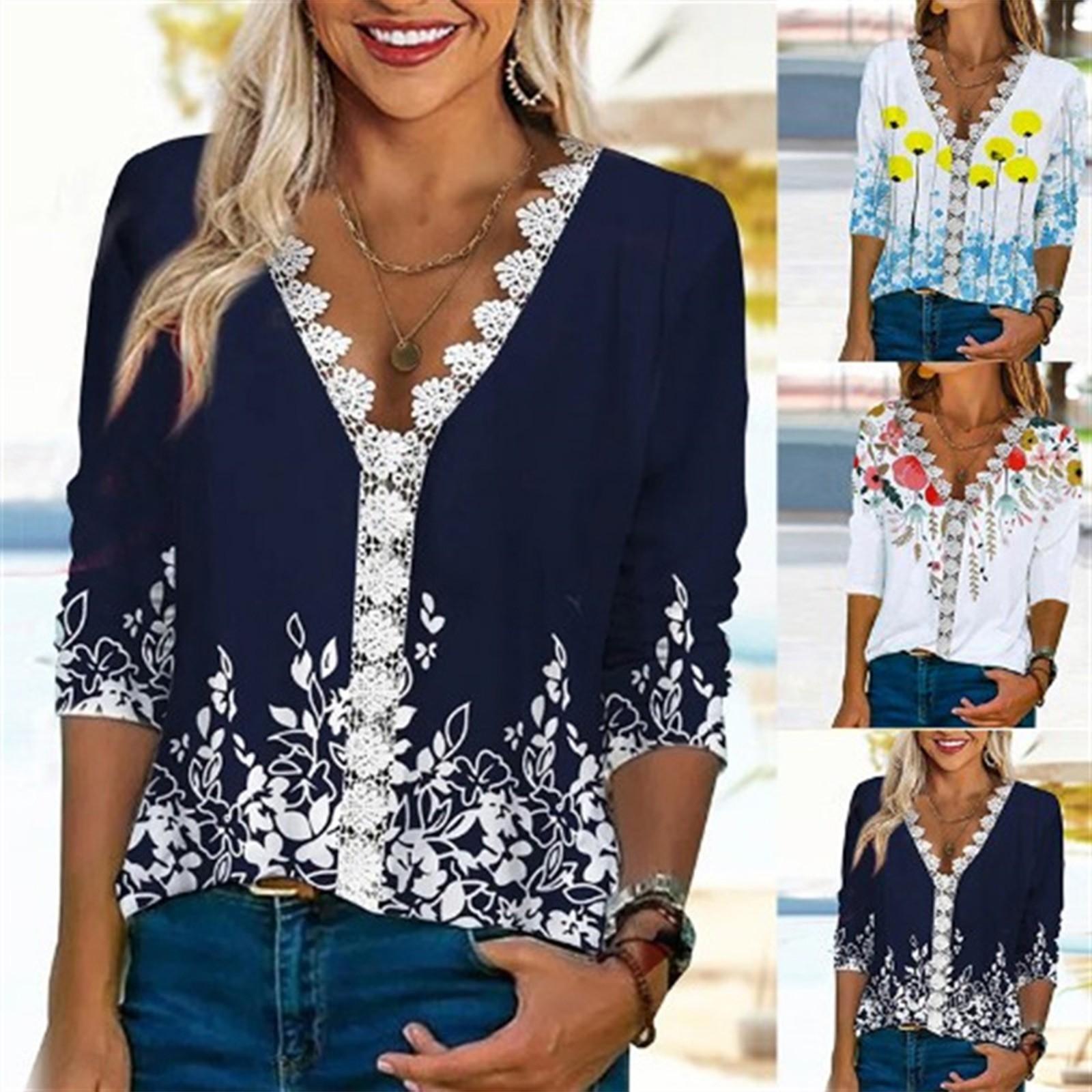 

Ladies V Neck Casual Long Sleeve Casual Comfortable Loose Lace Print T-Shirt Top