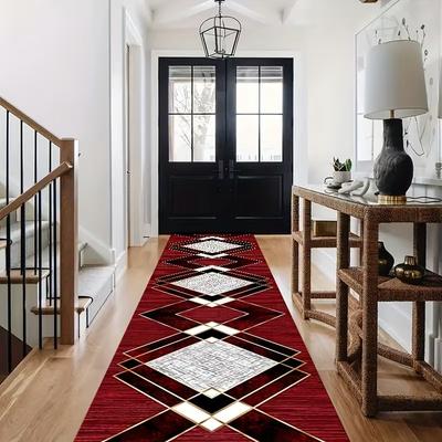 Tapete Passadeira Geométrica Vermelha Moderna Padrão de Diamante Preto e Branco com Borda Dourada Minimalista Tapete de Chão para Corredor Decoração de Casa