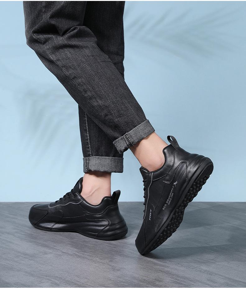 Red Dragonfly Men's Waterproof Leather Sneakers with Mesh Upper, Thick Rubber Sole, and Height Boost for Spring/Autumn Travel