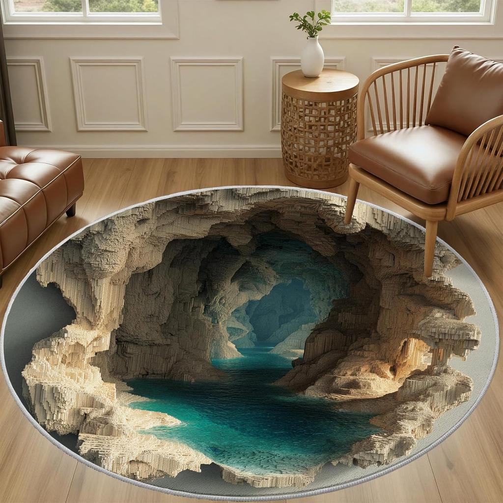 2D Canyon Gorge Round Rug Blue Water Pool Deep Valley Visual Illusion Area Rug Non-Slip Living Room Decorative Circle Carpet