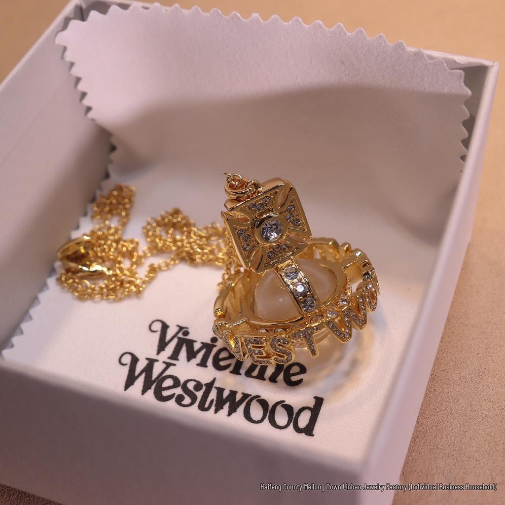 Kejsarinna änka 3D Bokstav UFO Klot Halsband & Saturnus Helt Diamant Planet Örhängen Set