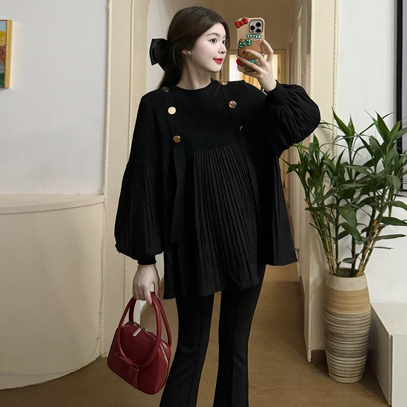 2026 Spring Knit Patchwork Lantern Sleeve Maternity Top & Slimming Pleated Skirt Set XL