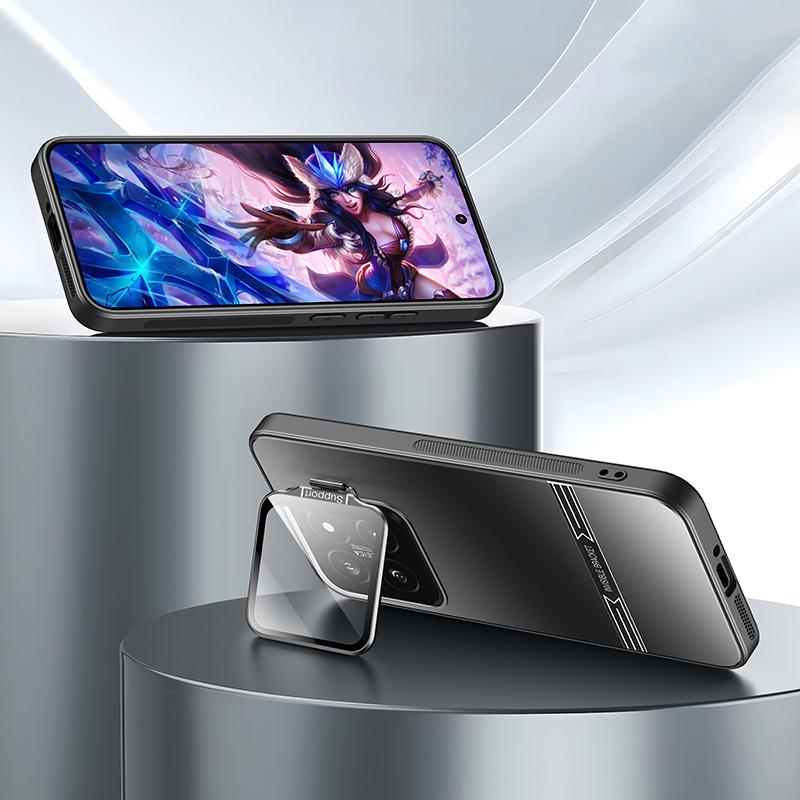 

Phone Case for Xiaomi 14 Pro Matte PC+TPU Cover with Lens Frame Kickstand Cyan