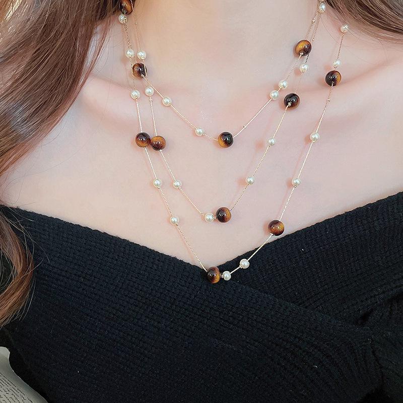 Retro Pearl Tiger Eye Layered Necklace: High-End Fashion Sweater Chain