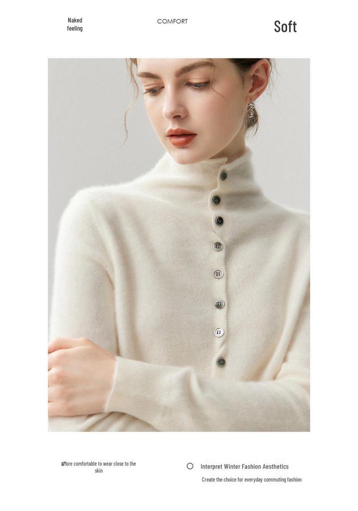 High Neck Cashmere Cardigan: Autumn/Winter Button-Up Rolled Hem Knitwear Sweater for Women.