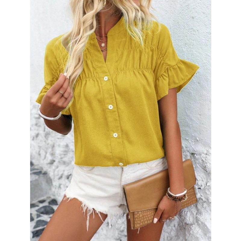

Женские модные повседневные летние весенние однотонные блузки и рубашки с v-образным вырезом и короткими рукавами с принтом XL жёлтый