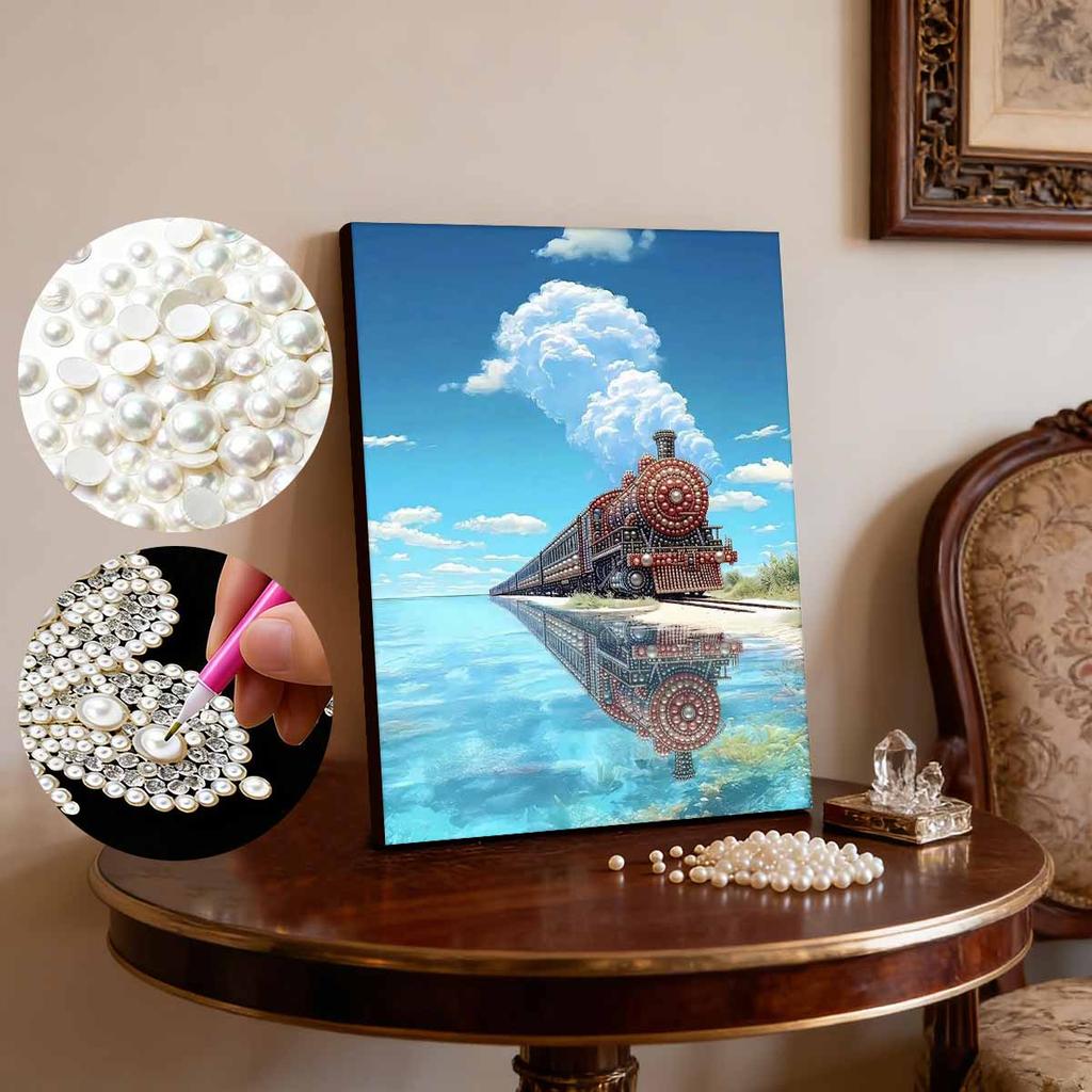 DIY Pearl Painting Set Train By The Lake Pattern Home Decoration Handmade Sticky Diamond Creative Canvas Pearl Art Painting Crafts Perfect Gift