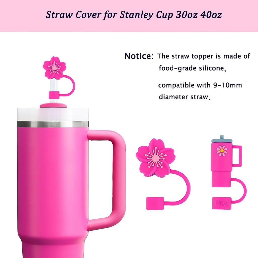 Cup Accessories Set for Stanley Cup 30oz 40oz tumbler with handle, Including Silicone Straw Topper Cover Cap, Handle Charm, Initials Sticker Fuchsia