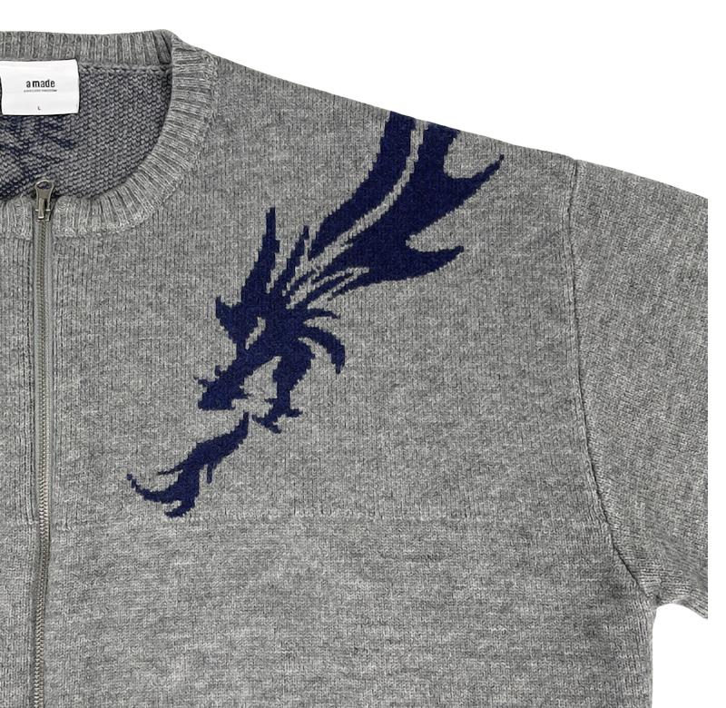 A Made Tribal Dragon Oversized Two-Way Knit Zip-Up (Gray)