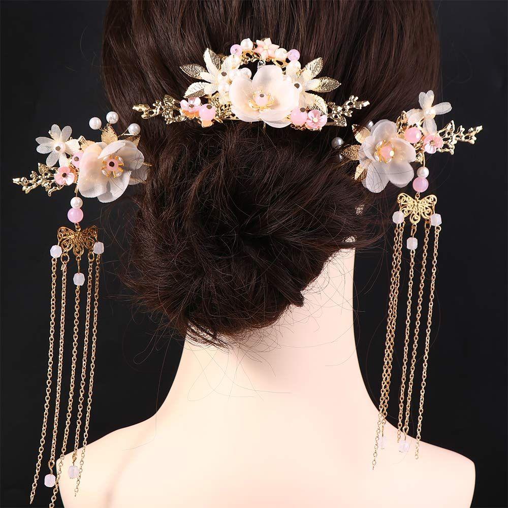 Hair Clips Girls Flower Chinese Crystal Handmade Fashion Headwear Sets Hair Comb Earrings Hanfu Hair Stick