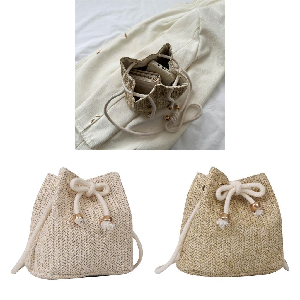 Borsa a secchiello tessuta a mano con chiusura a coulisse per uso quotidiano casual estivo