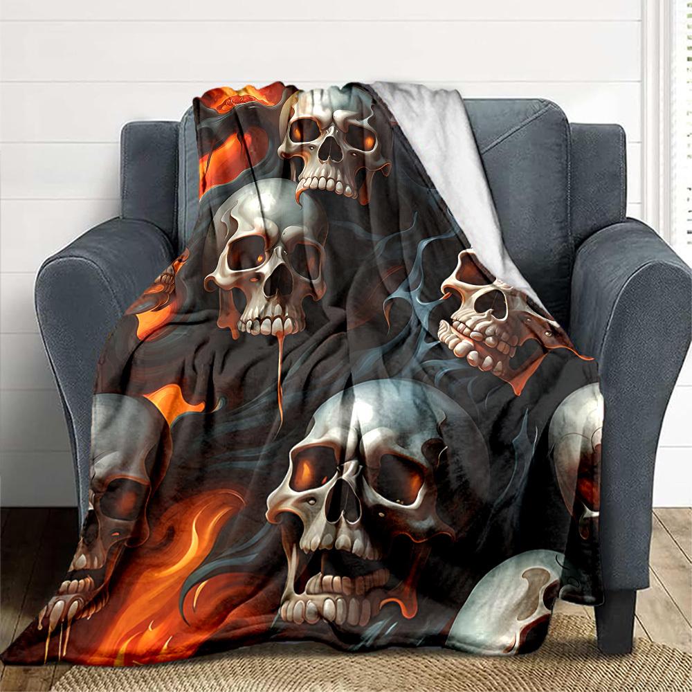 1pc Skulls Flames Lightweight Flannel Blanket, Comfortable and Warm Blanket, for Office and Camping Sofa Bed, Livingroom189