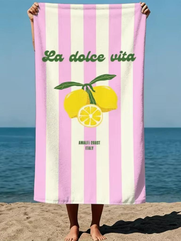 Summer Boho Style Lemons Dolce Vita Text Amalfi Coast Italy Art Style Beach Towel Swimming Pool Microfiber Quick-Dry Sand-Free