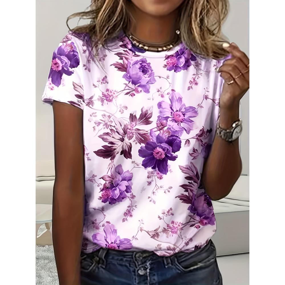 Summer Fashion Women's T-shirt Beautiful Flower Pattern Printed T-shirt Round Neck Short Sleeve Regular Top Women's T-shirt