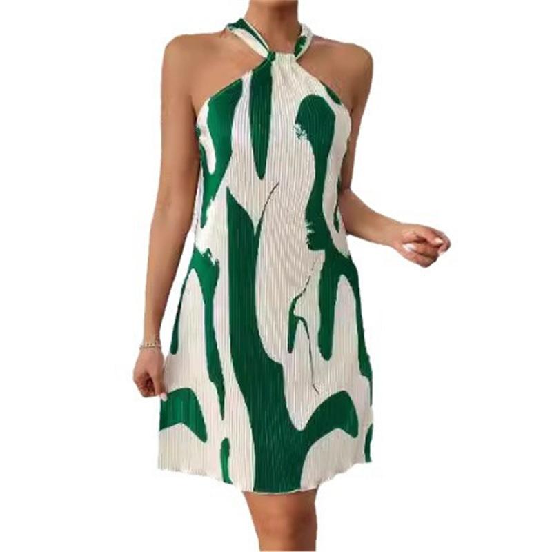 

Spring and Summer Printed Sexy Off-shoulder Lace-up Loose Women s Dress Ladies XS зелений