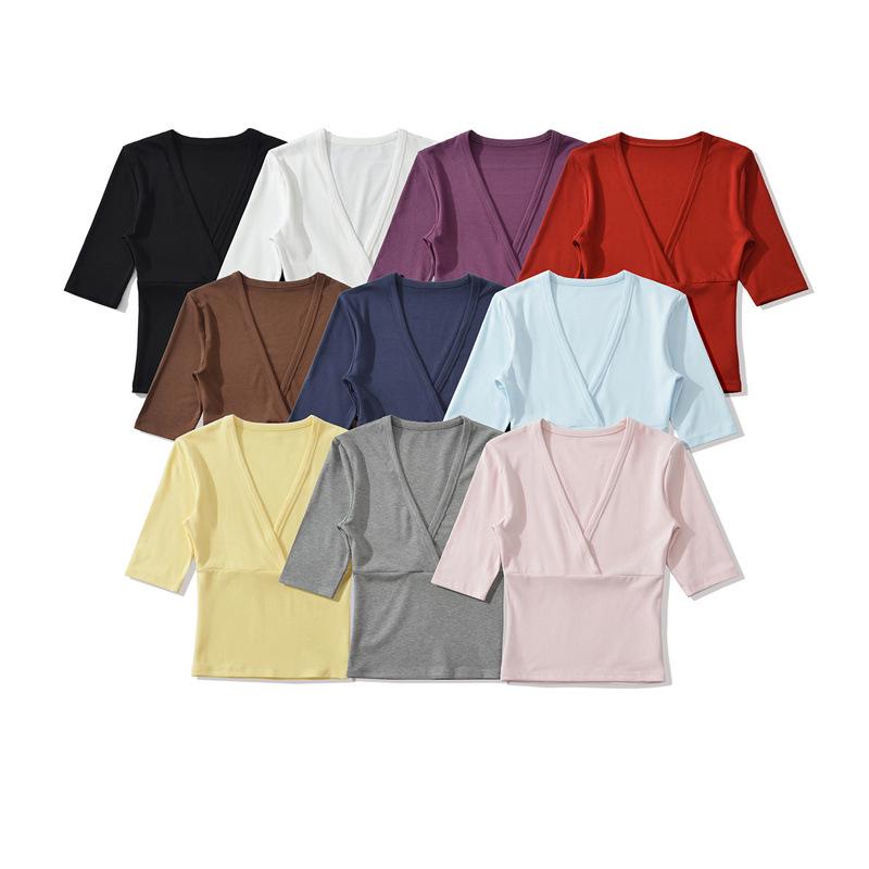 Elegante Camiseta Cruzada en V con Ceñido a la Cintura para Mujer - Capa Base de Manga Corta para Verano