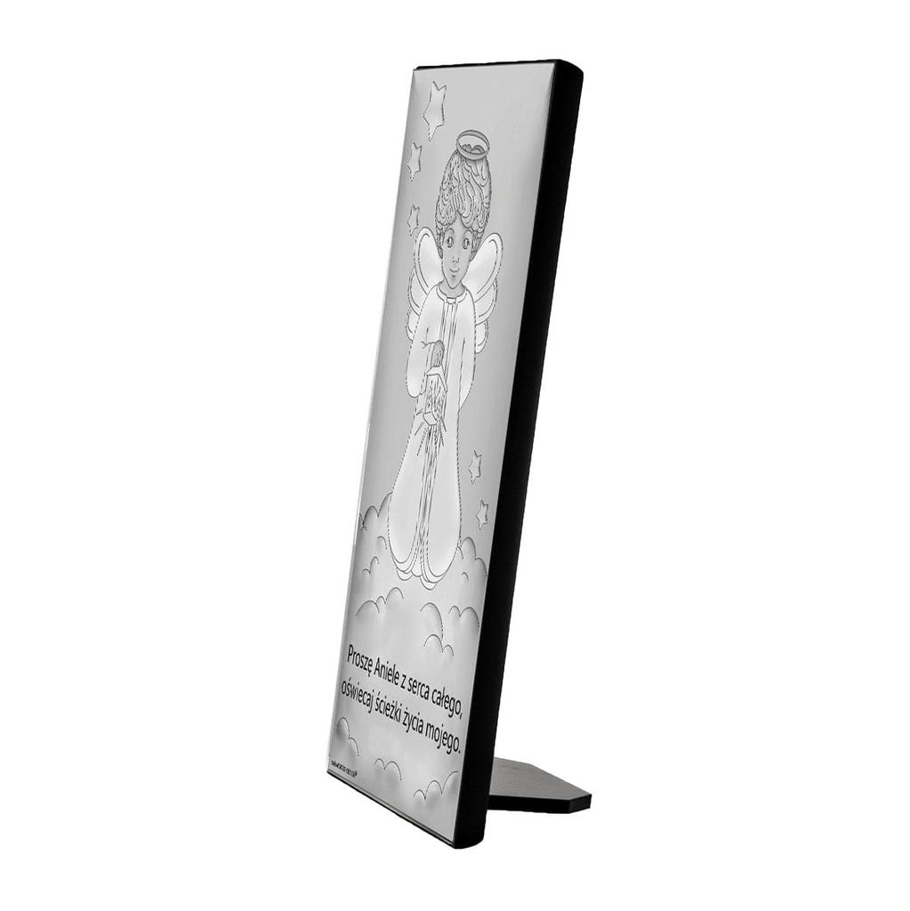 Srebrny obrazek anioł stróż na chmurce z latarenką 6756 7 x 14 cm