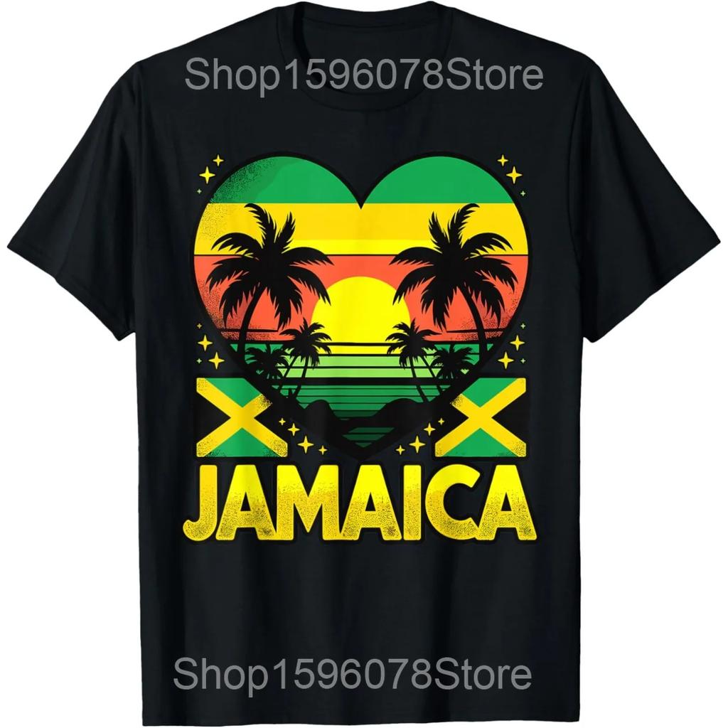 Jamaican Flag Heart Vintage Jamaica T Shirts Men Women Pure Cotton Humor Streetwear Tee Shirt Short Sleeve Unisex Loose Clothing