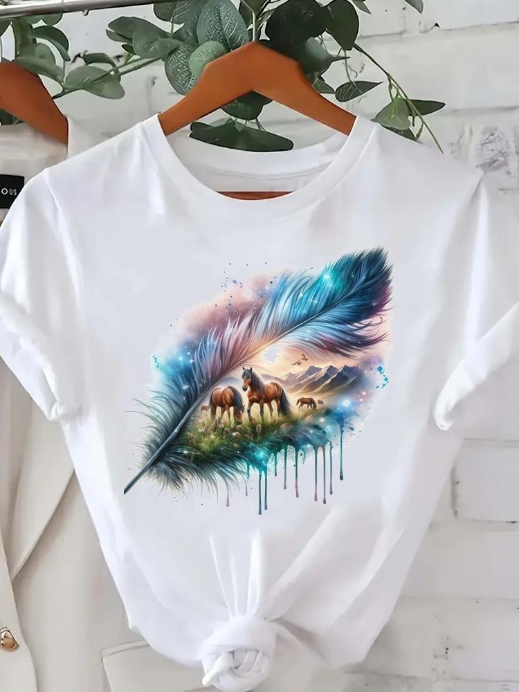 

(Asian Size) Women Tee Fashion Lady Clothing feather trend 90s Casual T Shirt Female Top Printed Graphic Short Sleeve T-shirts S