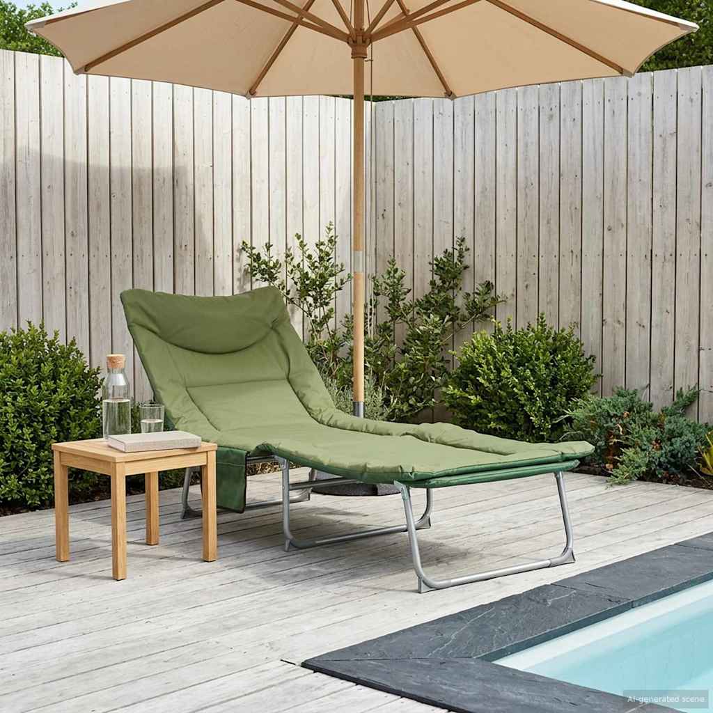 Folding Sun Lounger with Cushion Dark Green