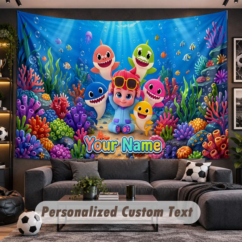 Wall Hanging Tapestry Custom NameBaby Shark Pattern Personalized Printed Fabric Wall Decor