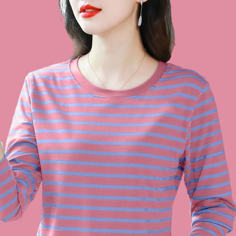 Breathable Cotton Long Sleeve Tshirt Women Loose Fit Simple Striped Casual Top Autumn