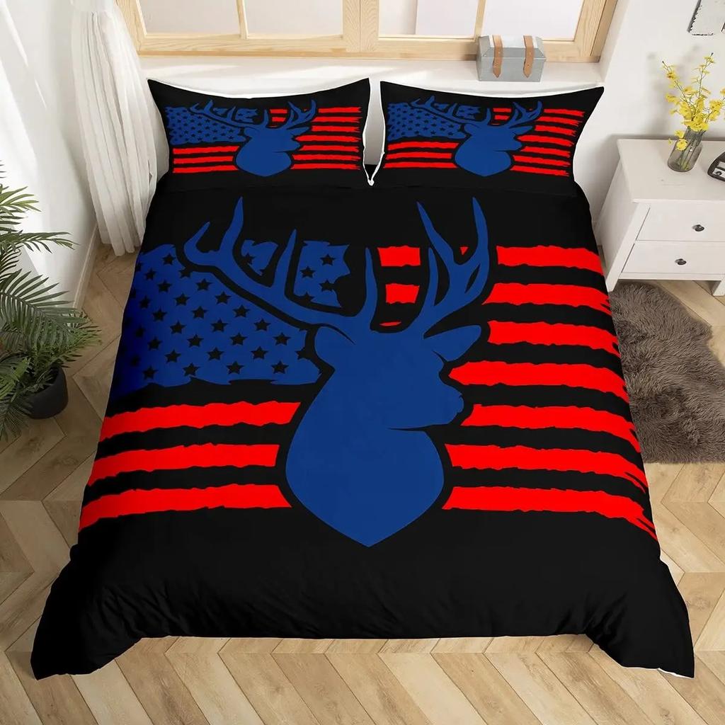Camo Deer Duvet Cover Set Antlers Arrow Pattern Bedding Set Stripes Gird Camouflage Comforter Cover Microfiber King Quilt Cover