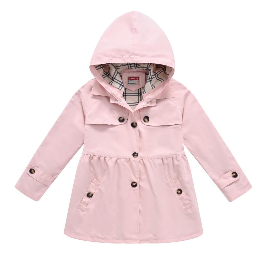 Girls' British Style Button Trench Coat with Detachable Hood - Waist-Defining, Solid Color, Mid-Length, Autumn Classic Fashion.