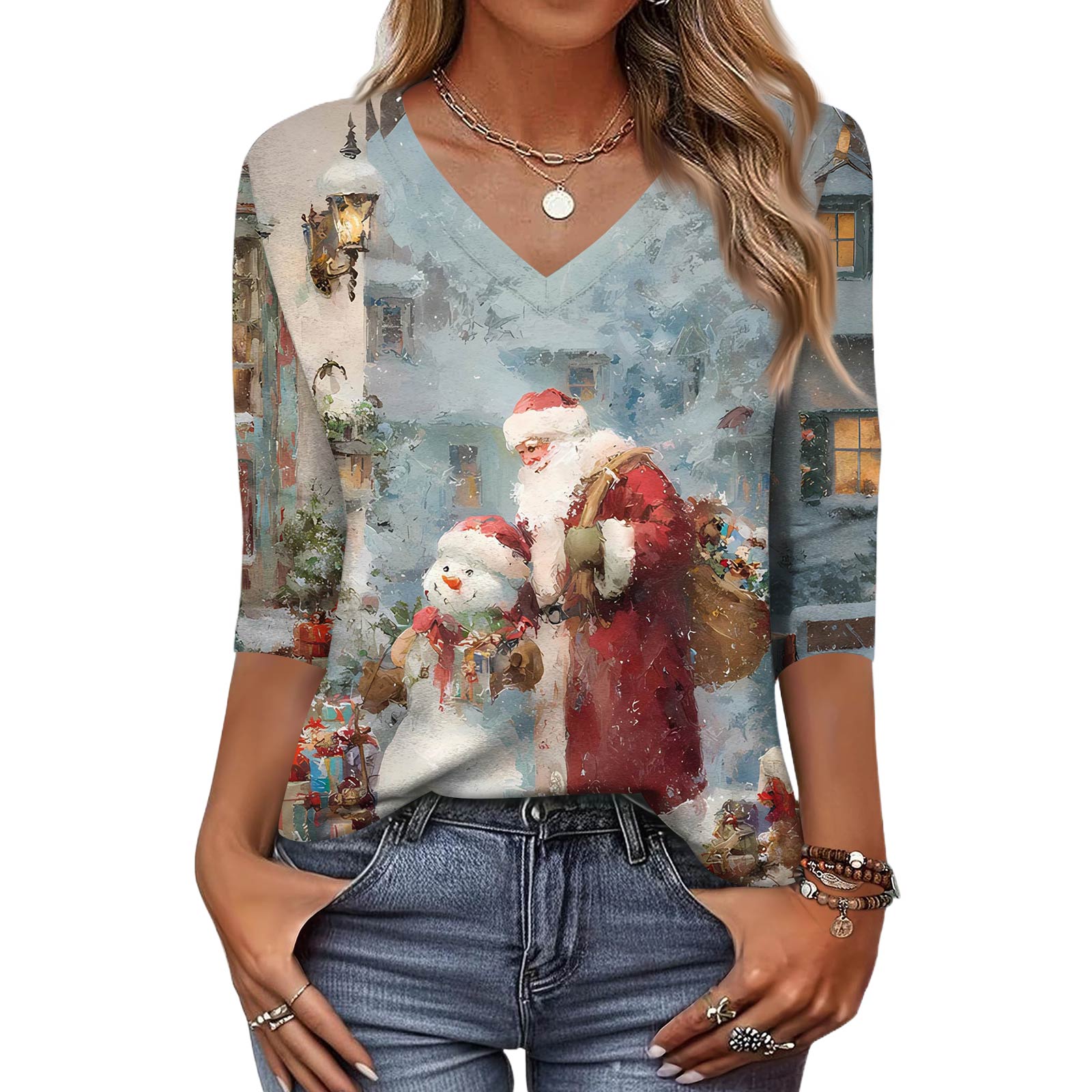 

Модный винтажный топ с рукавом 3/4 для женщин, женская повседневная футболка с рукавом три четверти, V-образным вырезом и принтом XL