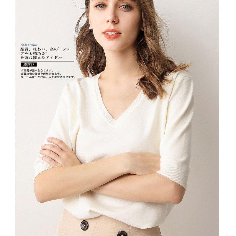Spring Summer Women T-shirt Short Sleeve Sweater Knitted Sweater V-Neck Loose Short Sleeve Undershirt T-shirt