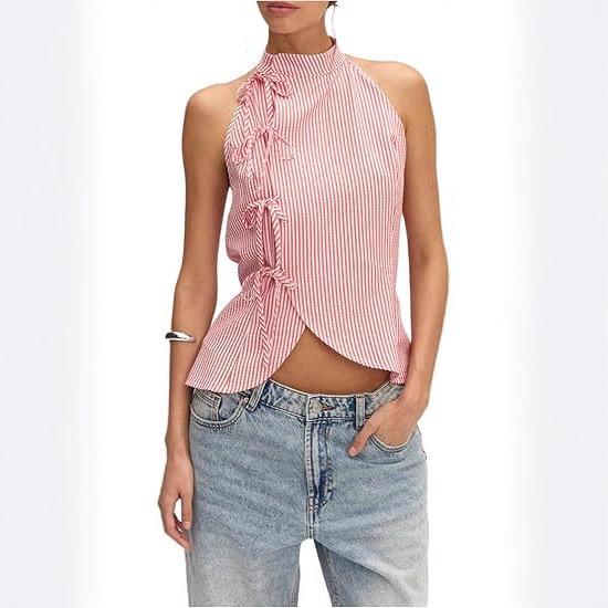 European & American Women's Asymmetrical Hem Striped Front-Tie Strapless Backless Tank Top