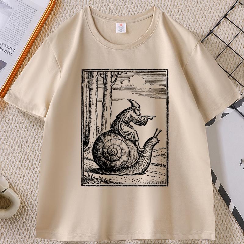 Medieval Snail Rider Graphic T-Shirt Vintage 90s Fantasy Tee Cotton Short Sleeve Round Neck Printed Tshirts Casual Printed Tees
