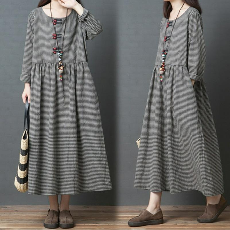 Autumn Literary Loose Large Size Plaid Mid-length Skirt Fat Mm Disc Buckle Long-sleeved Cotton and Linen Dress