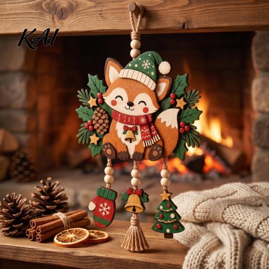 Holiday Party Supplies Christmas Fox Hanging Ornament, Wooden Cute Pendant with Glove Bell Tree Festive Decoration Charms, for Door Mantel Tree,