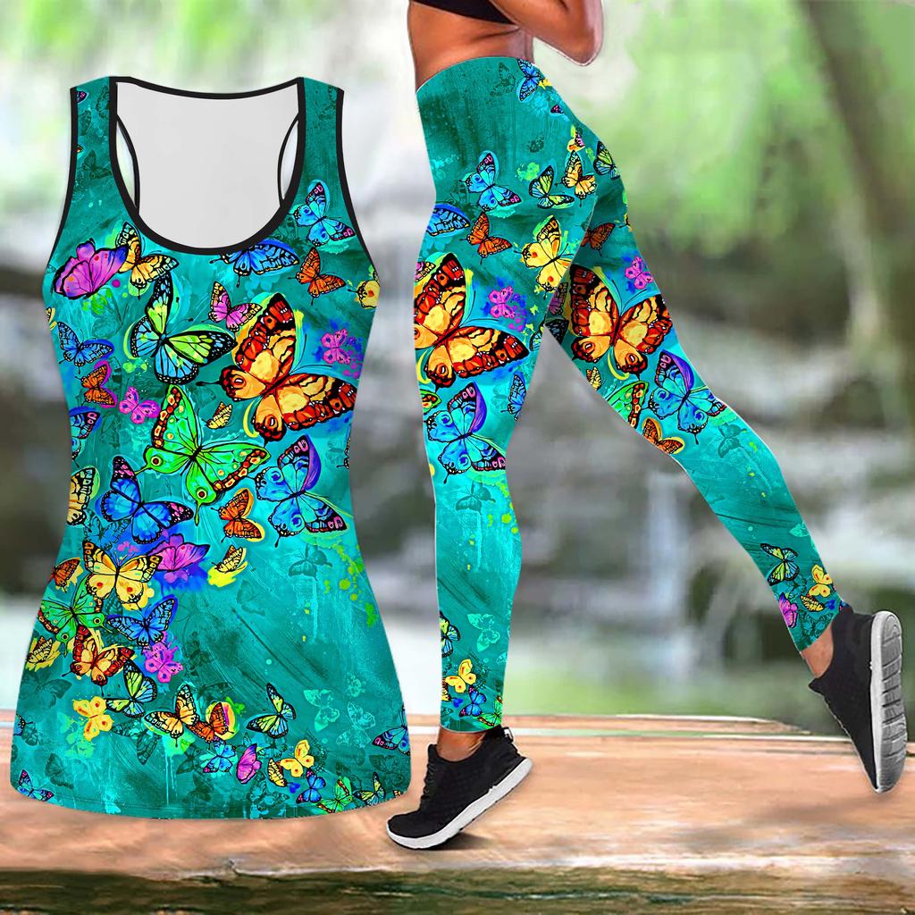 Autumn Butterfly Print Yoga Outfit for Women Fashion Workout Leggings Fitness Sports Casual Yoga Set Sports Suit