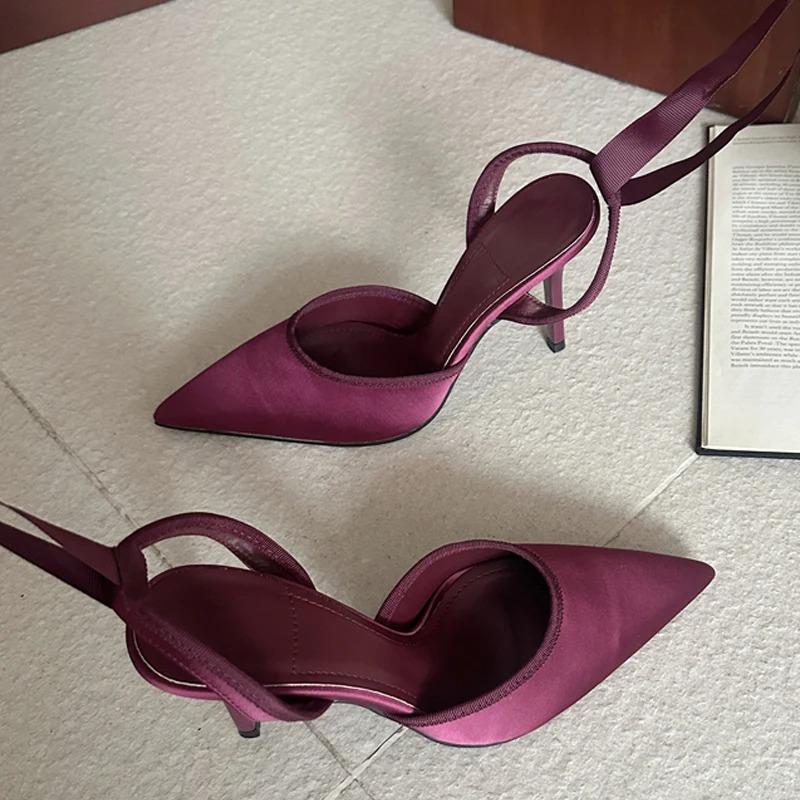 Pesstwei Fashion Slingback Ankle Lace-up Mules Women Pumps Sexy Thin High Heels Pointed Toe Banquet Stripper Shoes