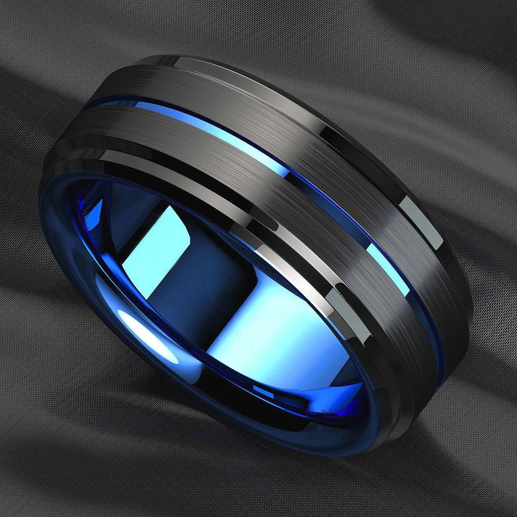 Fashion 8mm Stainless Steel Rings For Men Women Blue Groove Step Edge Black Brushed Engagement Rings Wedding Anniversary