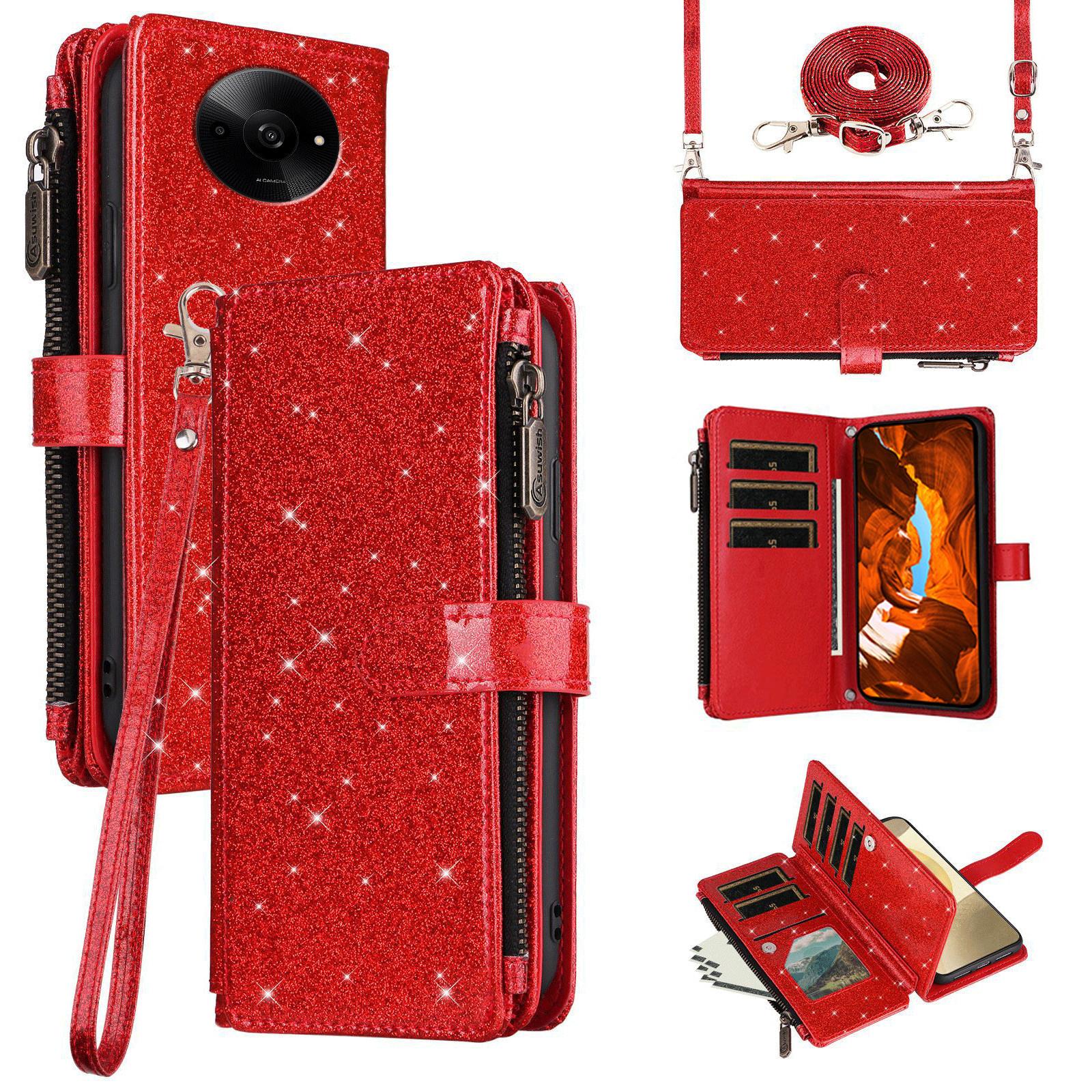 

ASUWISH Phone Case For Xiaomi Poco C61 4G/Redmi A3 4G/Redmi A3x 4G 10 Card Holder Glitter Leather Cover with Crossbody Strap