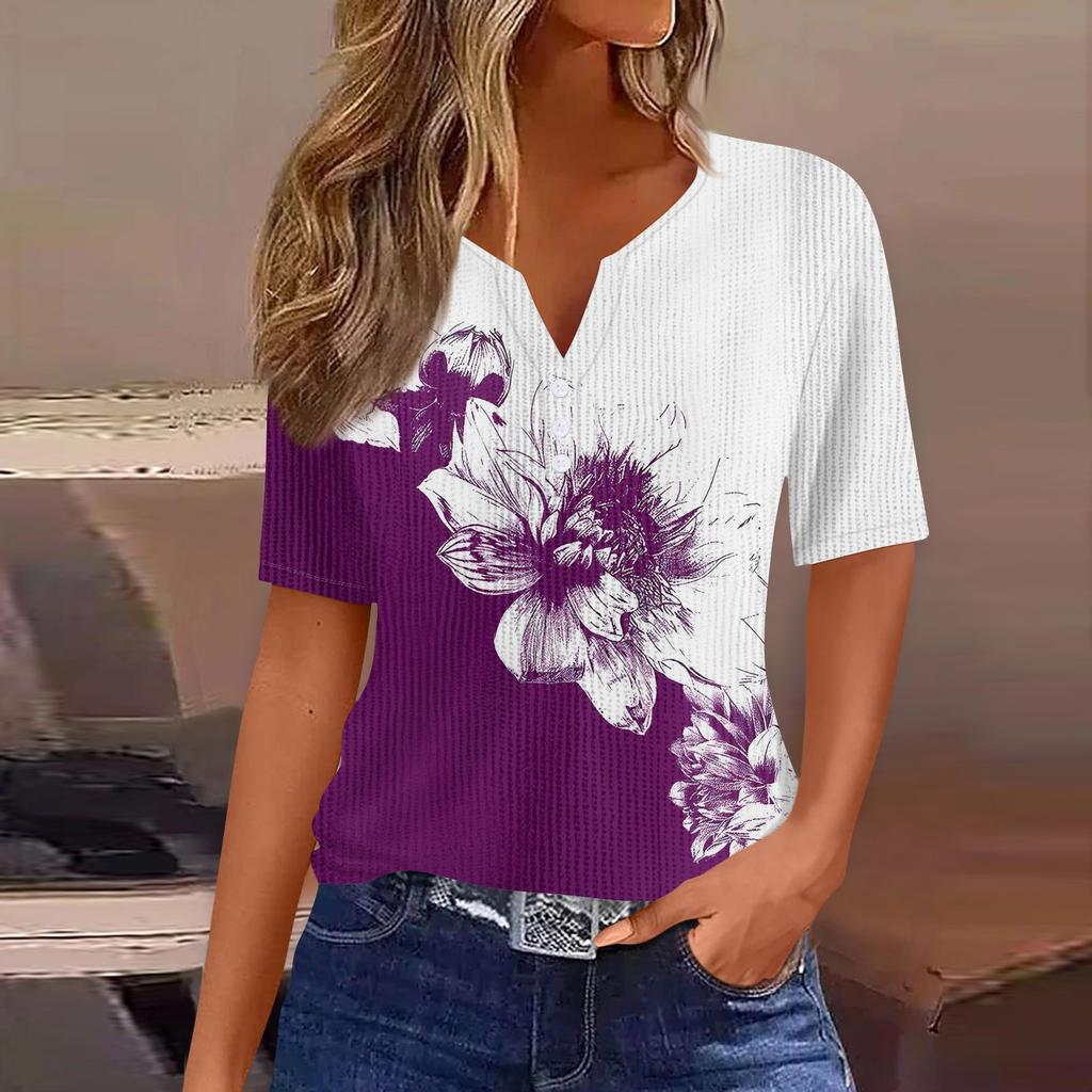 T Shirts For Women Pleated V Neck Dressy Casual Blouses Printing Short Sleeve Summer Tops Loose Fit