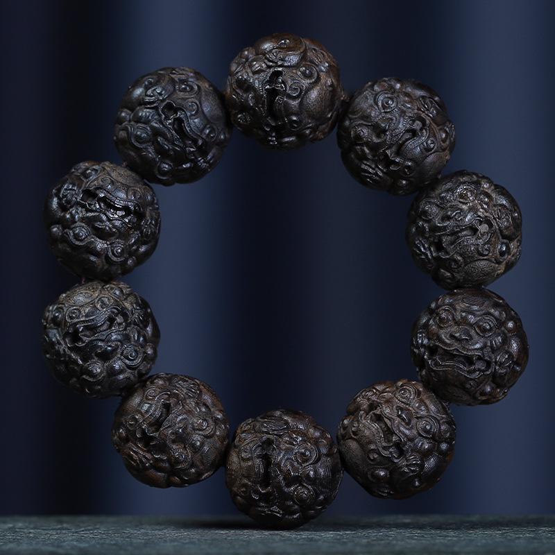 Bodhisattva Exquisitely Carved Agarwood & Sandalwood 20mm Buddhist Prayer Beads Bracelet