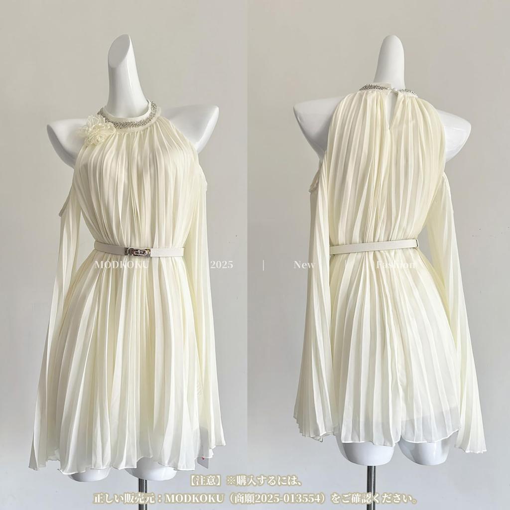 MODKOKU Chiffon French Mori Long Size L Women's Open-Shoulder Dress, Gathered, Off-the-Shoulder, Sheer, Princess-Style, Cute, Wedding, Beautiful,