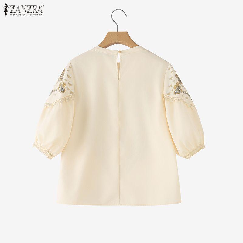 ZANZEA Damen Freizeit Rundhals Locker 3/4 Ärmel Print Bluse