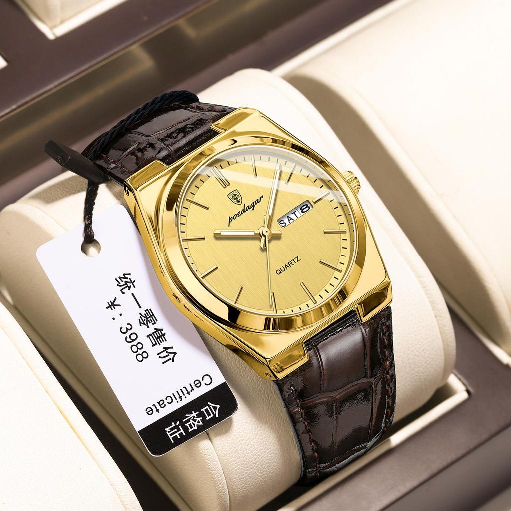 POEDAGAR Men's Ultra-Thin Dual Calendar Quartz Watch with Leather Strap - Trendy Fashion Wristwatch